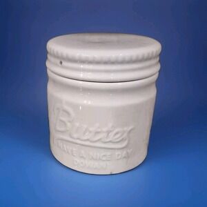 Dowan Ceramic French Butter Bell Keeper Crock Mason Jar White Embossed